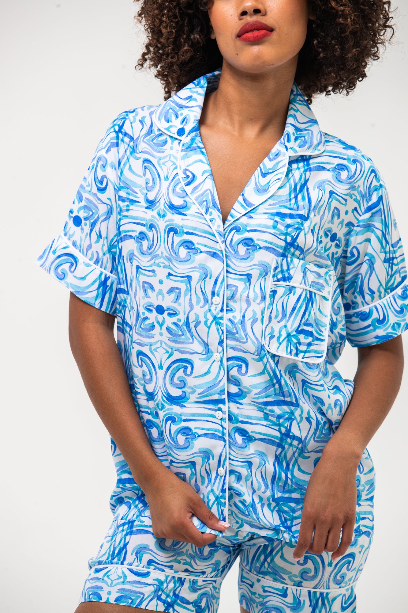 Short Pyjama Set - Turquoise & White