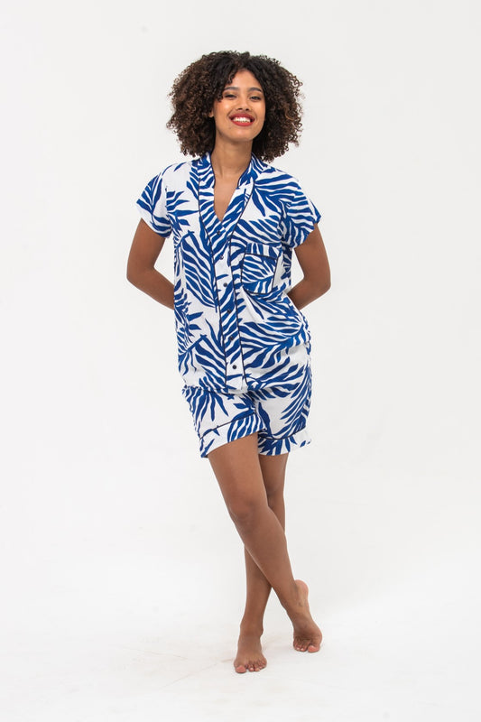 Short Mandarin Pyjama Set - Blue & White