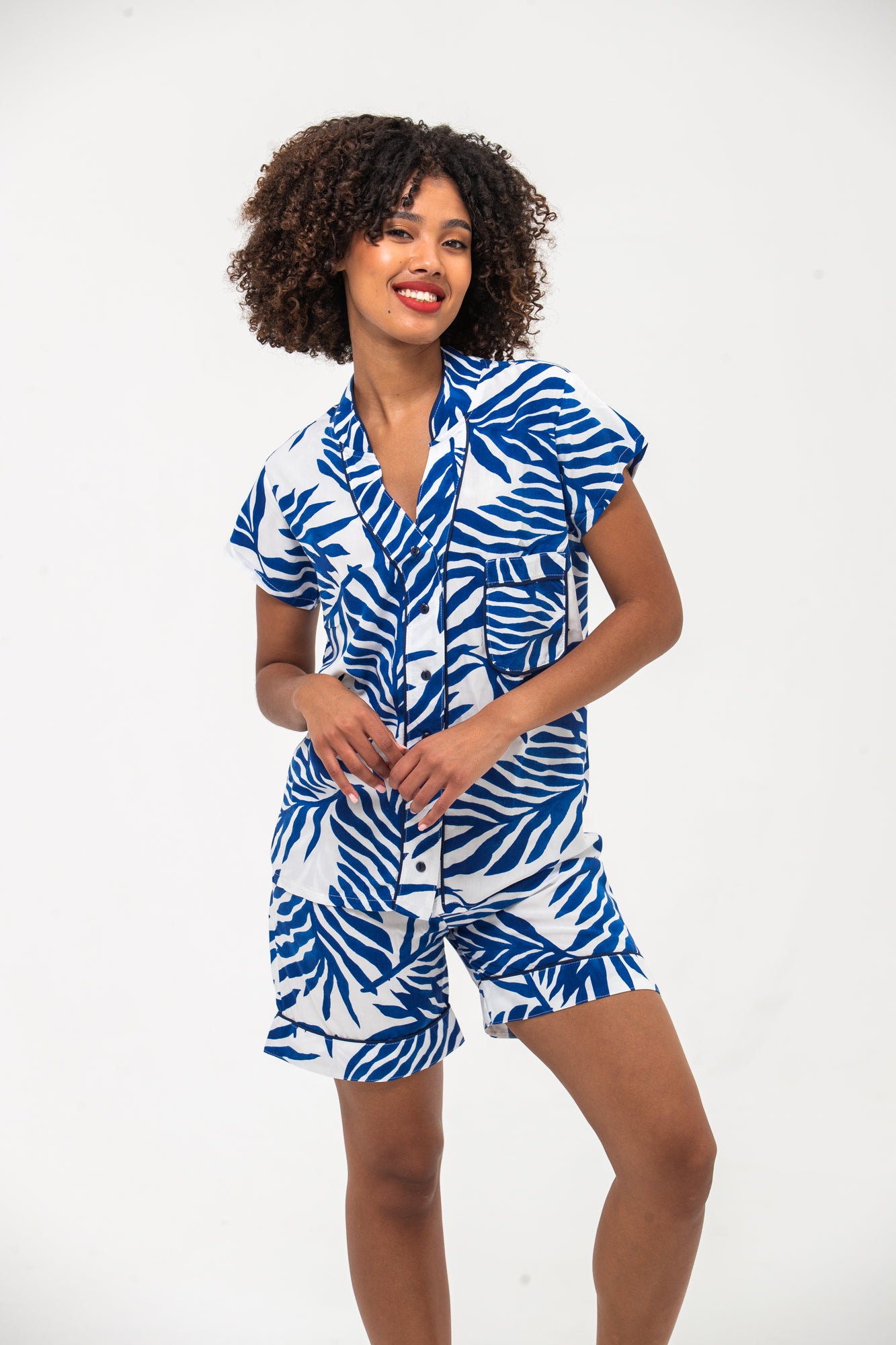 Short Mandarin Pyjama Set - Blue & White