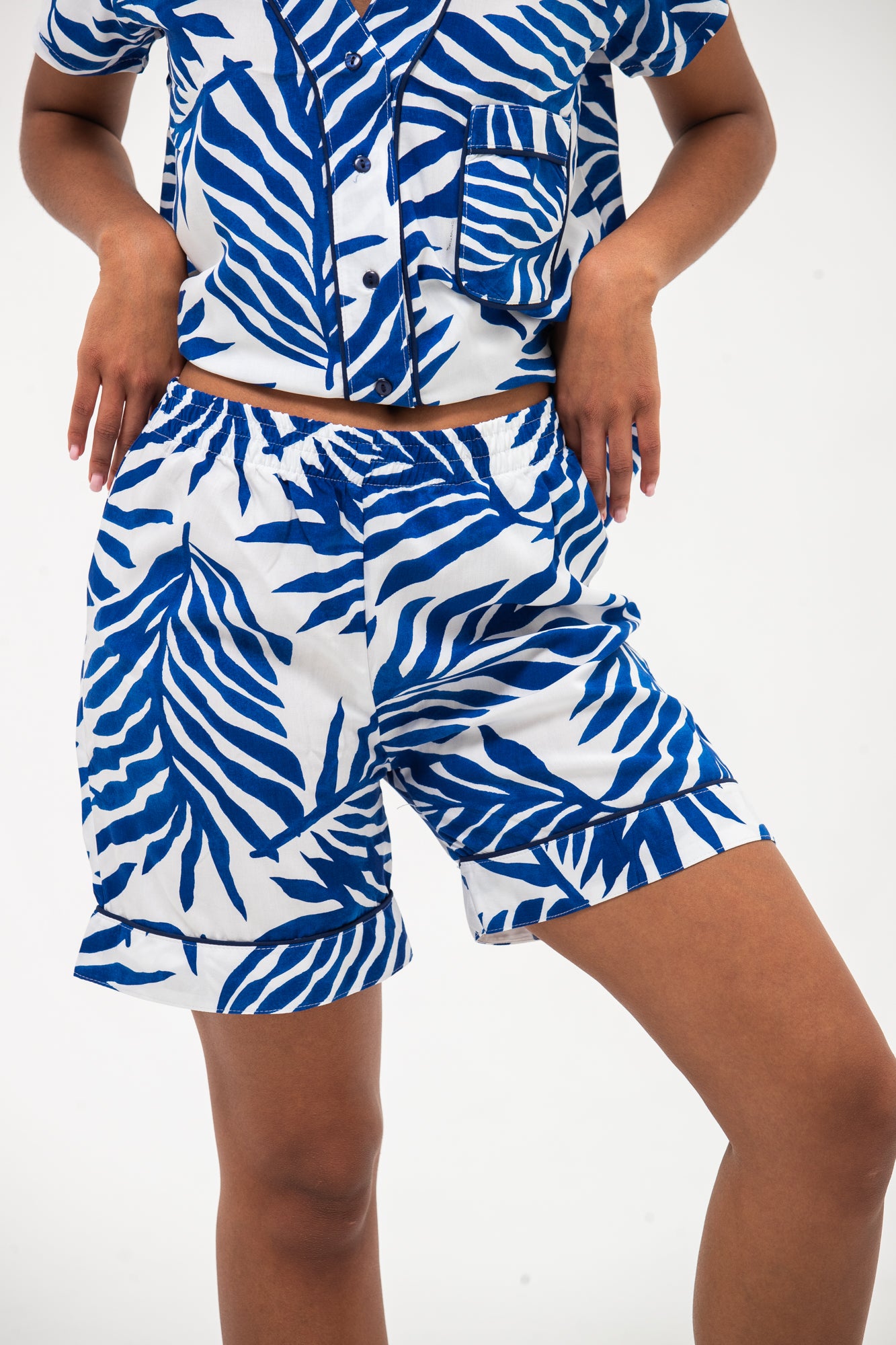 Short Mandarin Pyjama Set - Blue & White