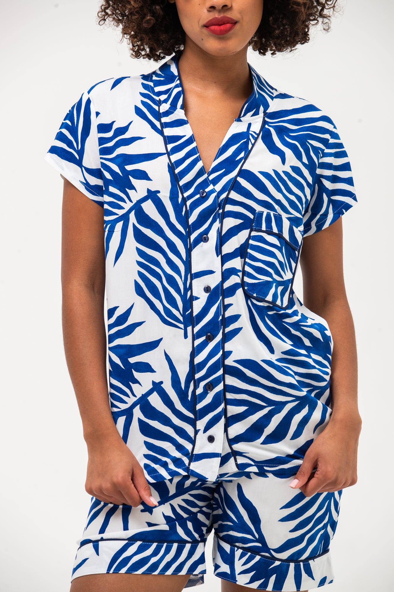 Short Mandarin Pyjama Set - Blue & White