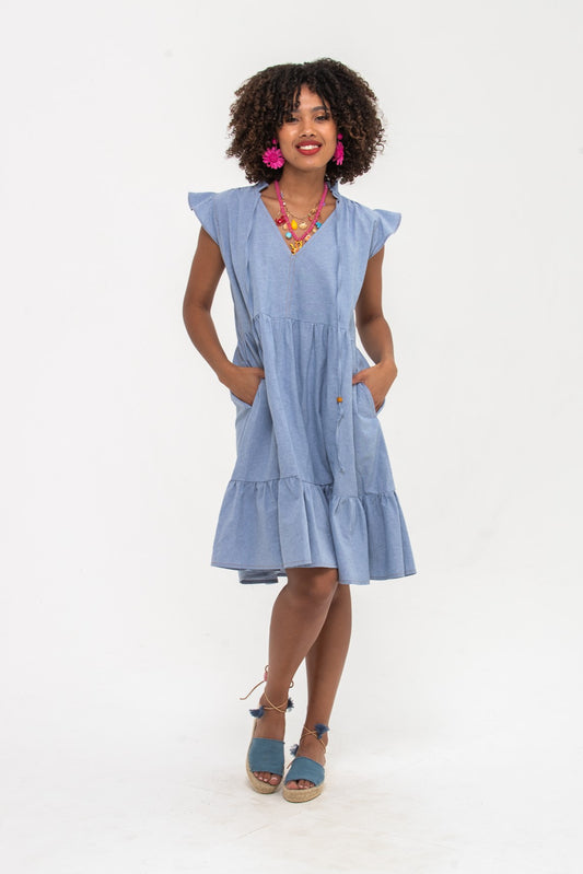Ella Frill Dress - Light Denim