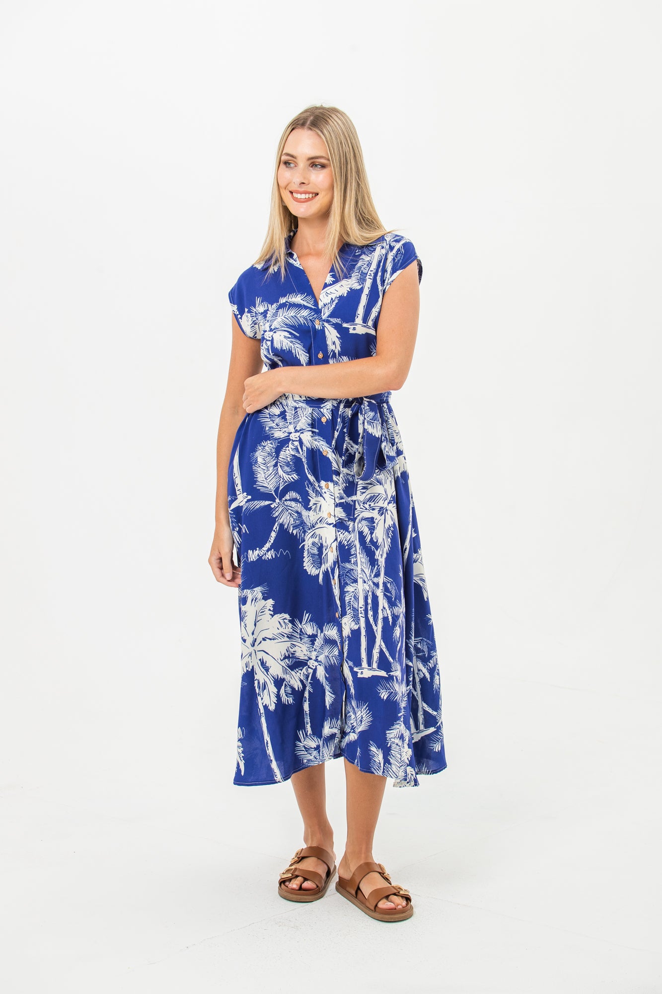 Cabo Dress - Blue and White Palms