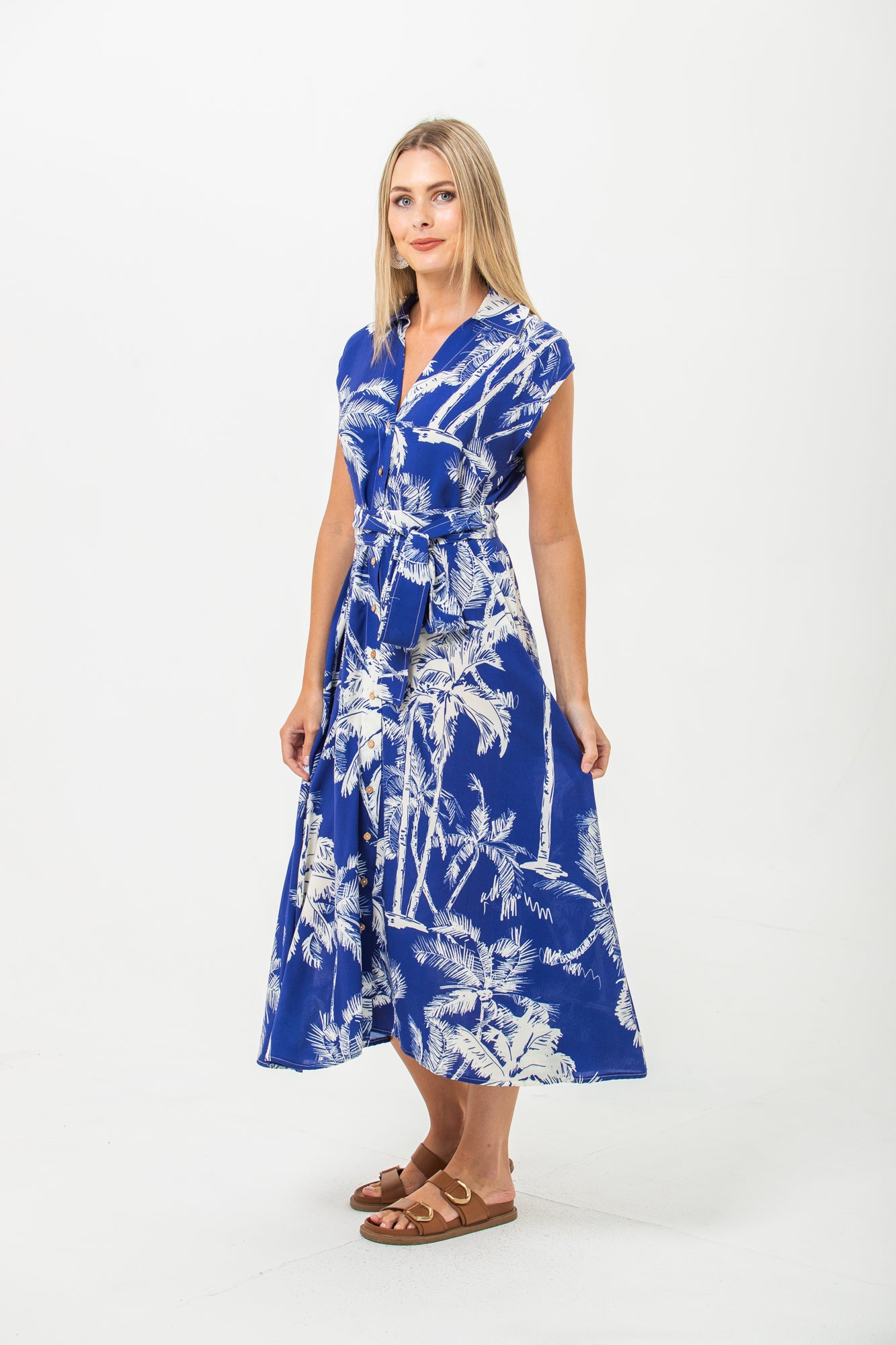 Cabo Dress - Blue and White Palms