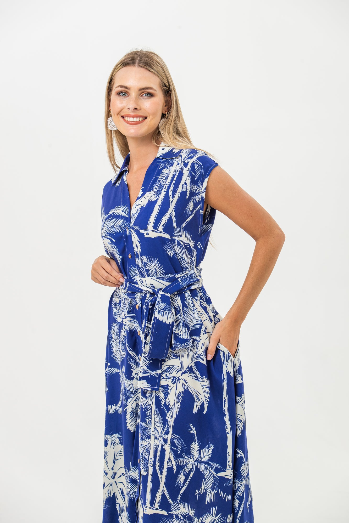 Cabo Dress - Blue and White Palms