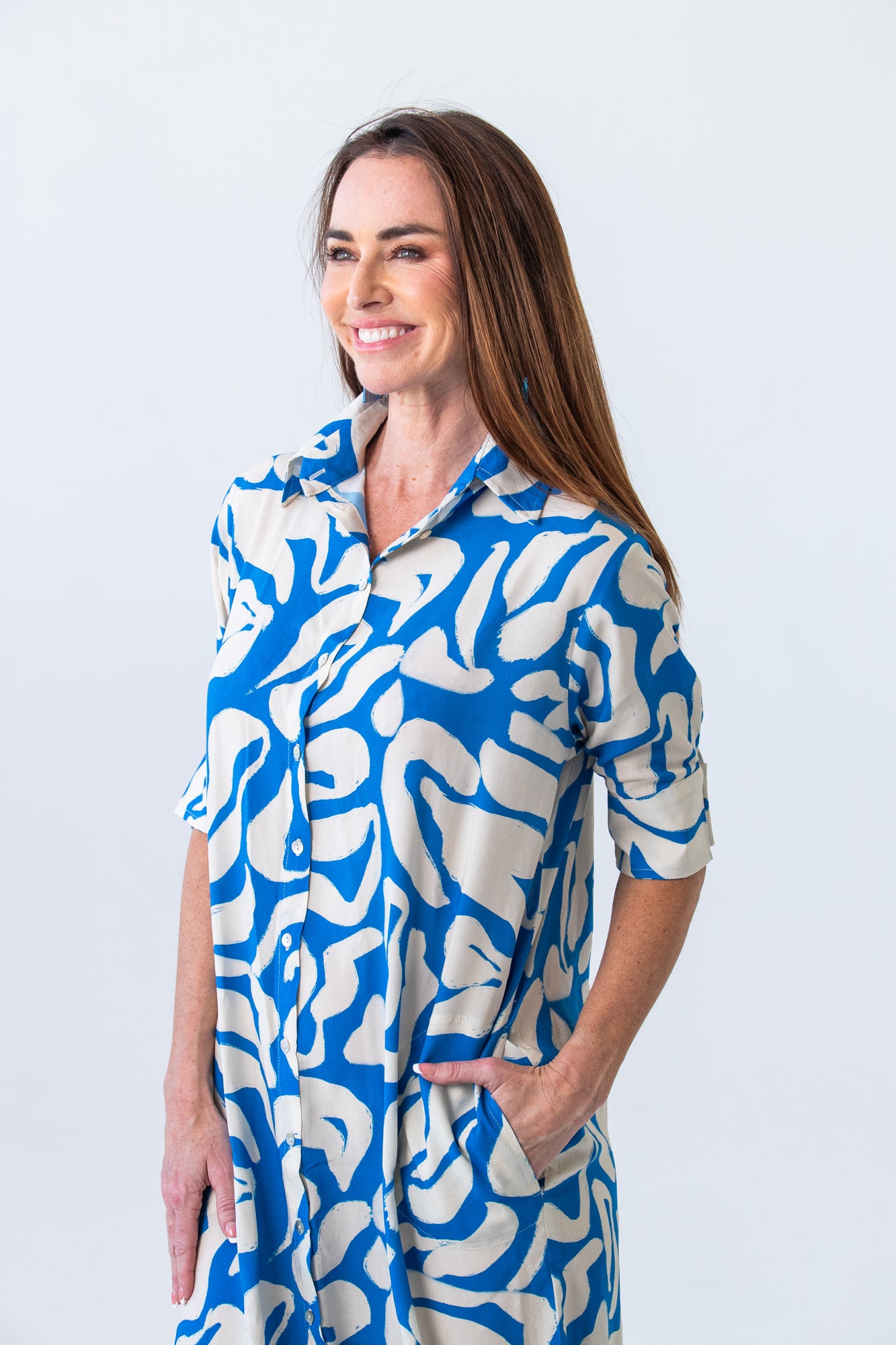 Tahiti Shirt Dress - Blue and white