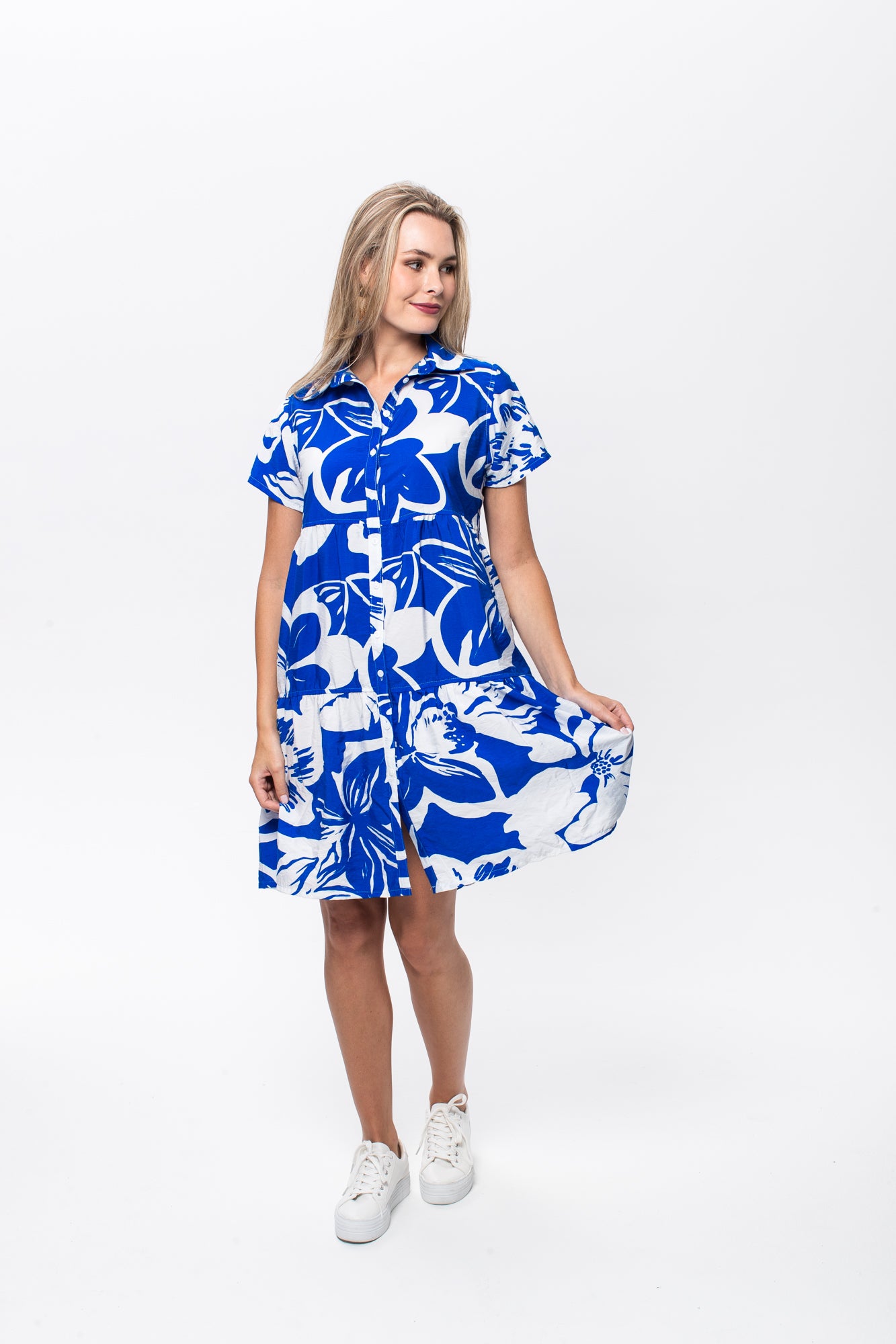 Athena Frill Dress - Blue and White