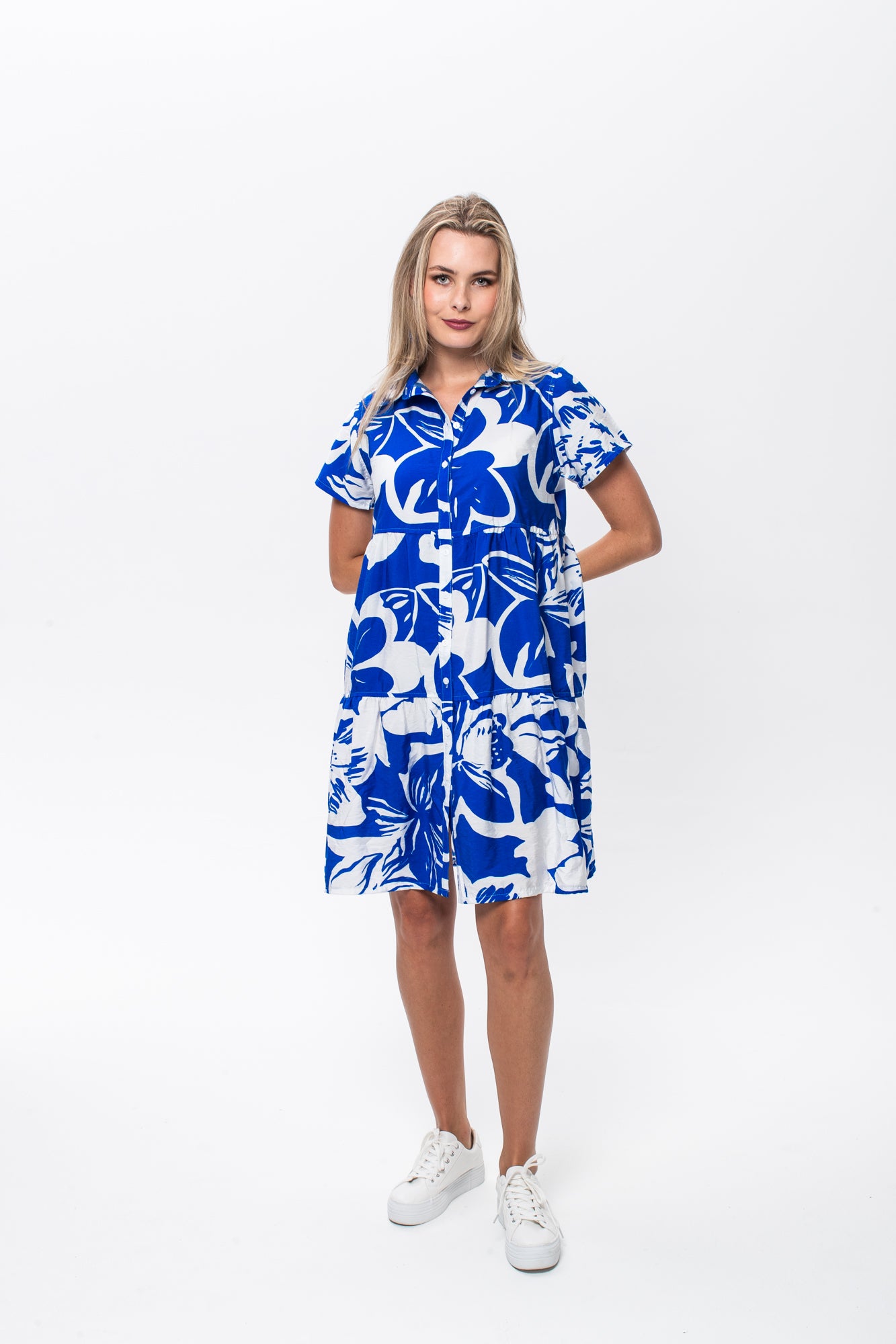 Athena Frill Dress - Blue and White