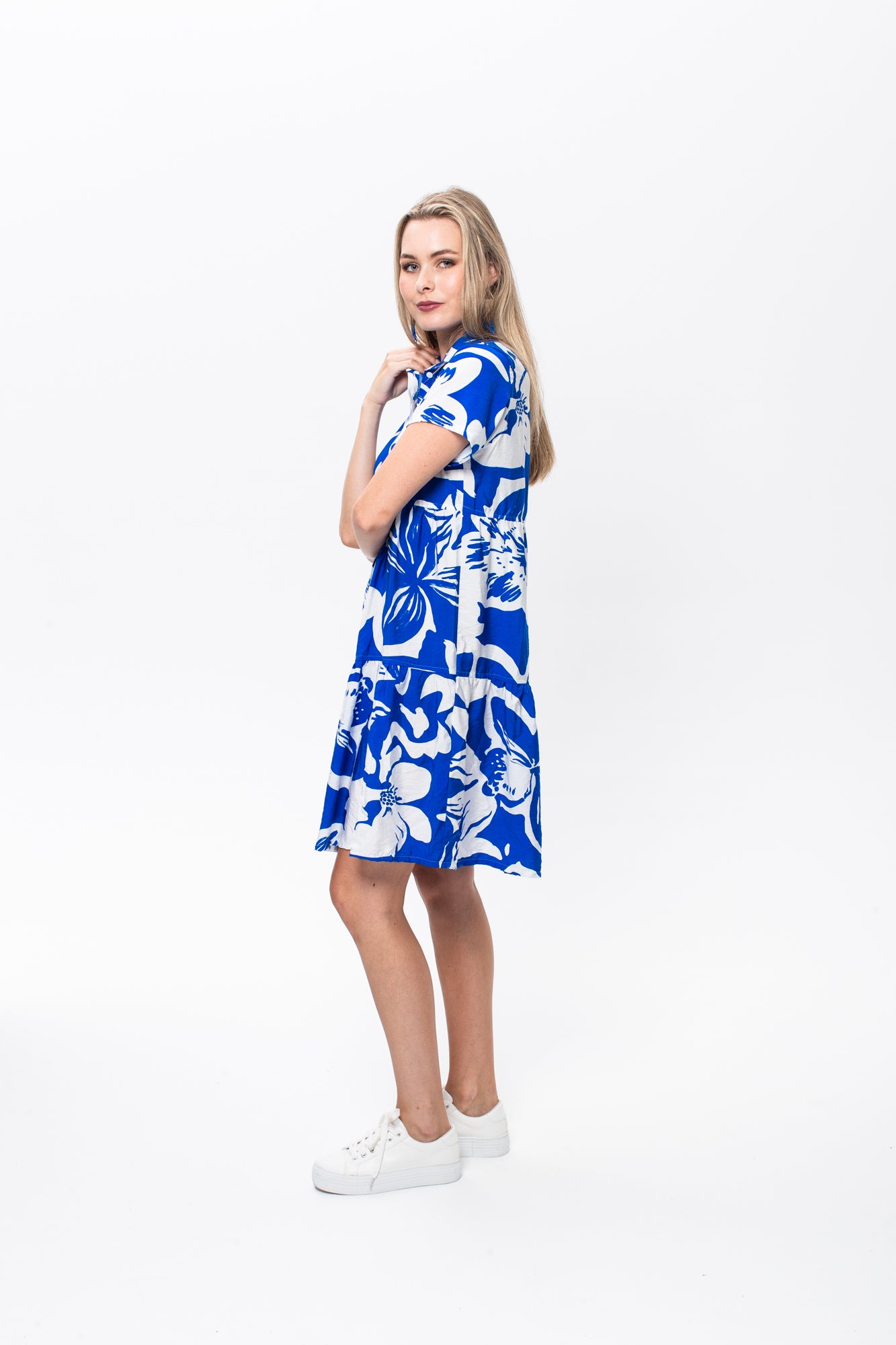 Athena Frill Dress - Blue and White