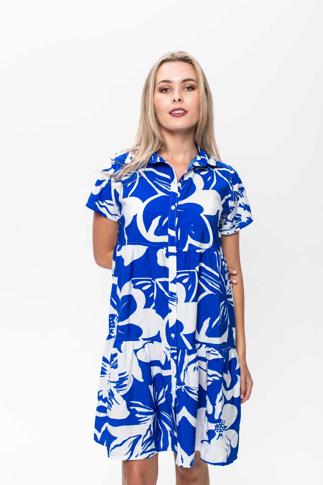 Athena Frill Dress - Blue and White