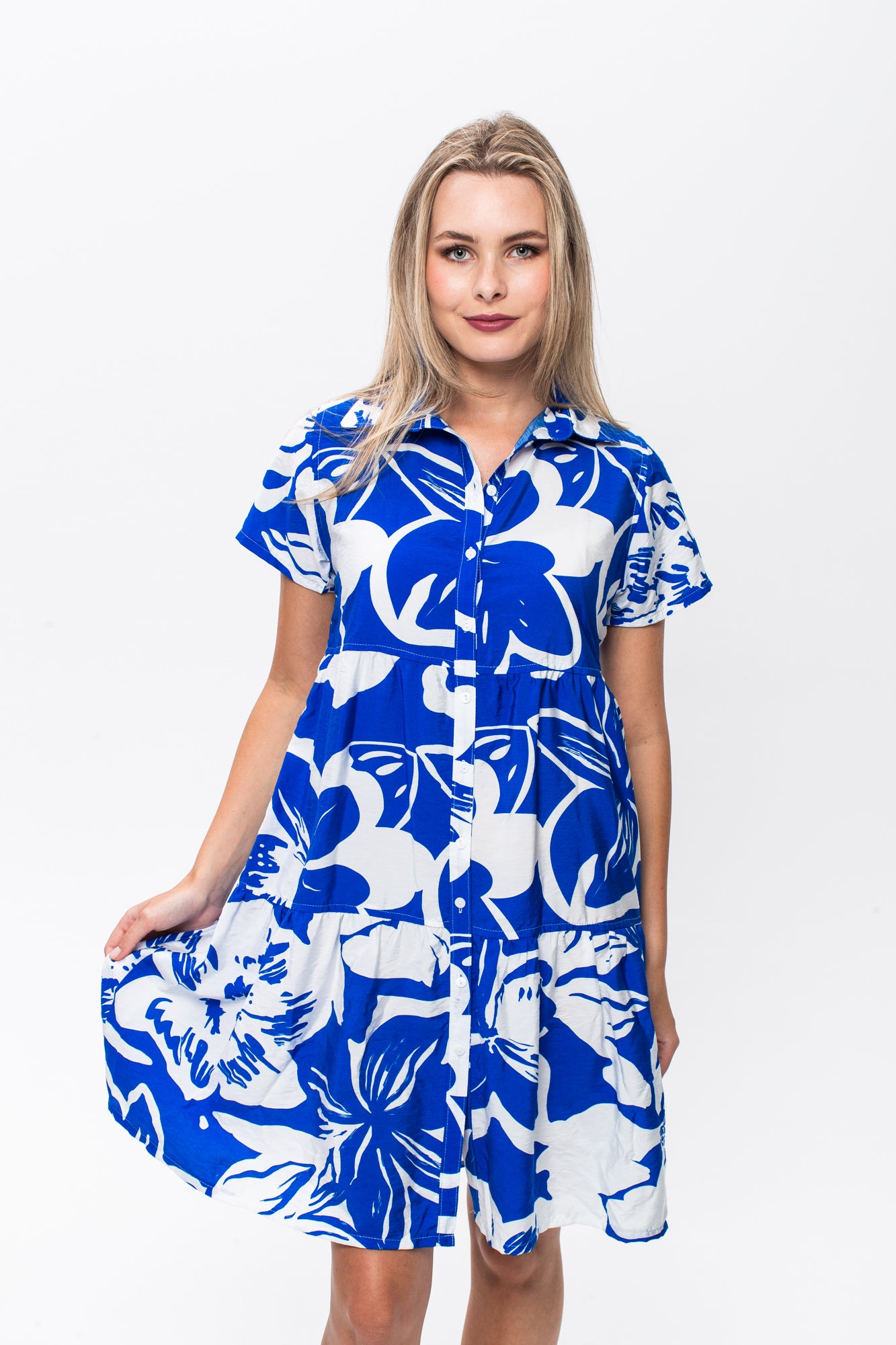 Athena Frill Dress - Blue and White