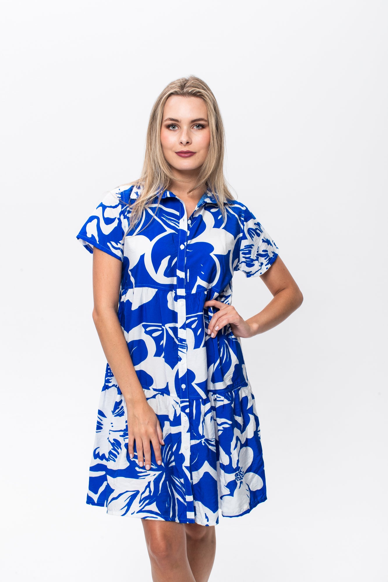 Athena Frill Dress - Blue and White