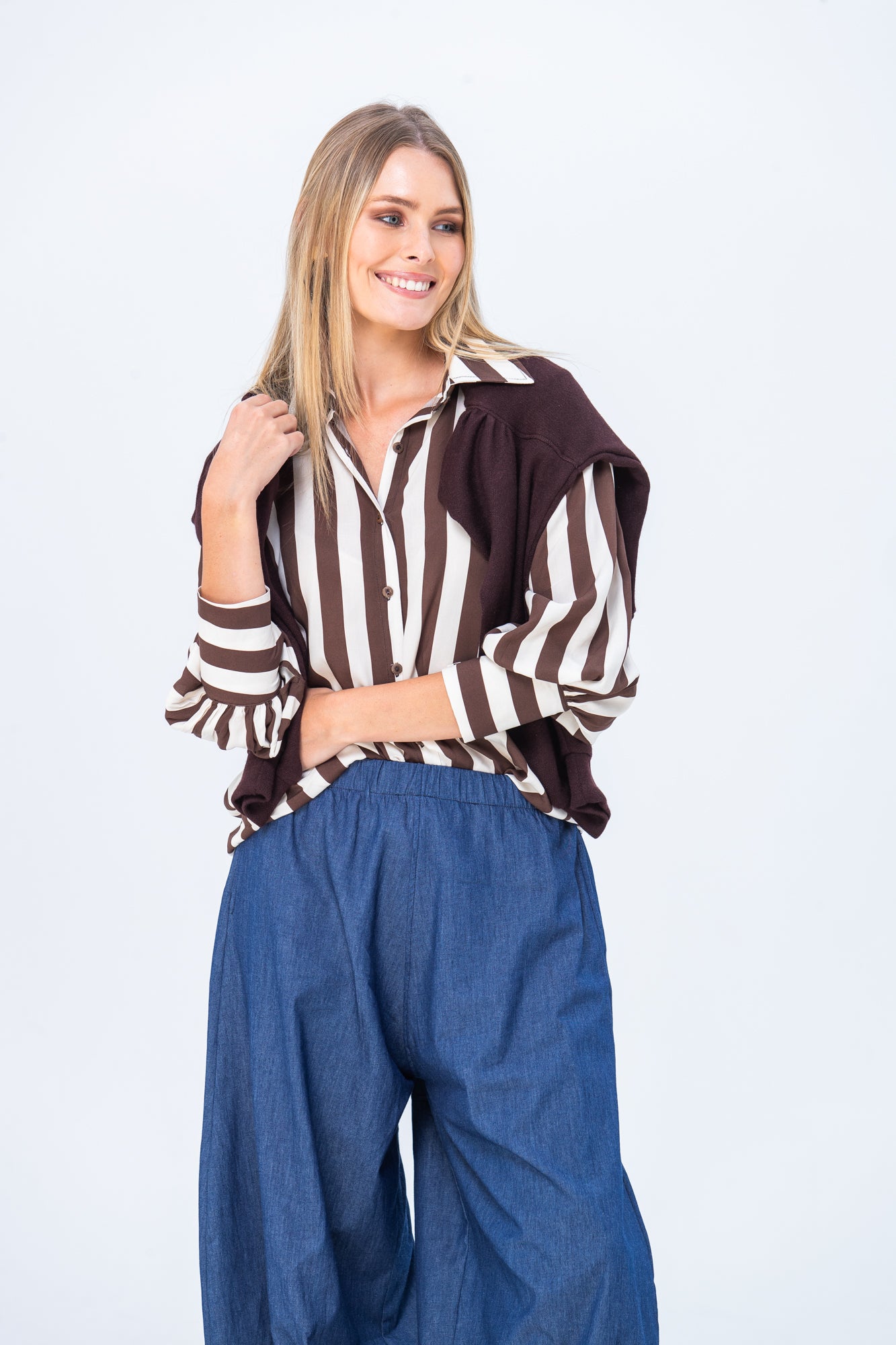 Harper Long Sleeve Shirt - Chocolate and Creme Stripe