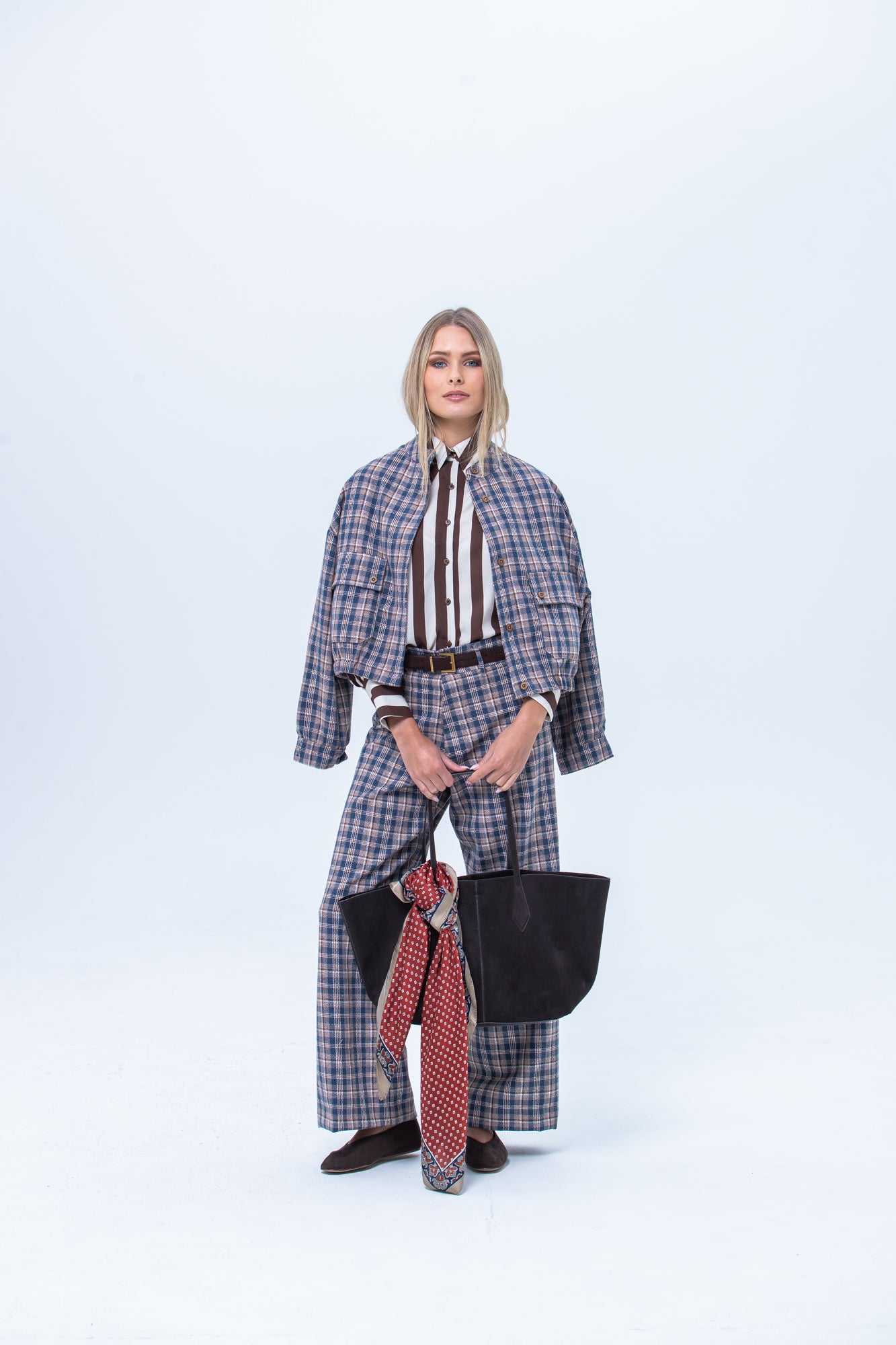 Cate Bomber Jacket - Chocolate and Blue Check