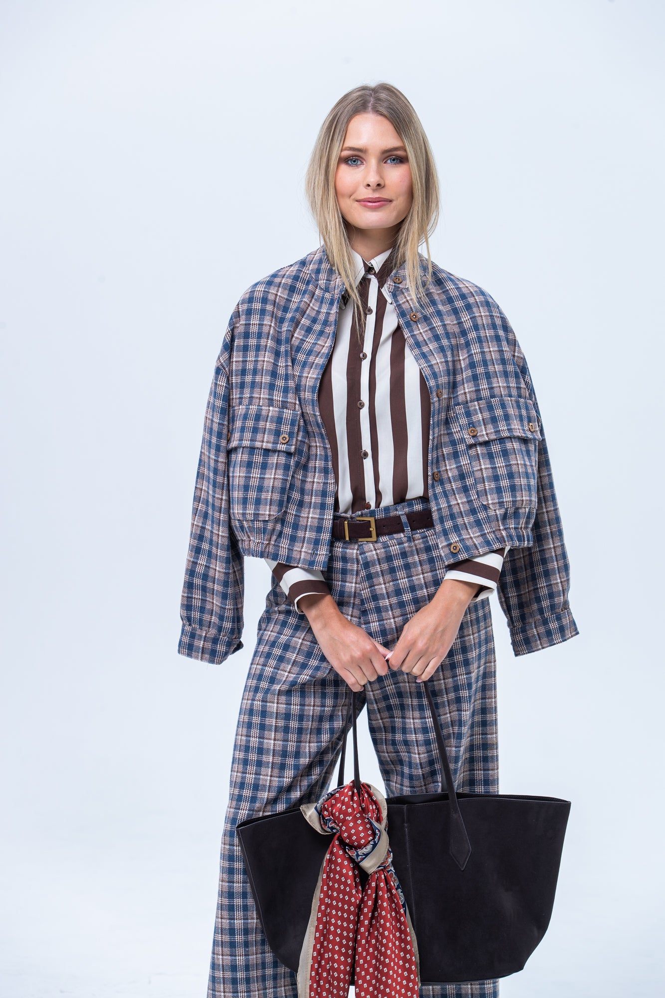 Cate Bomber Jacket - Chocolate and Blue Check
