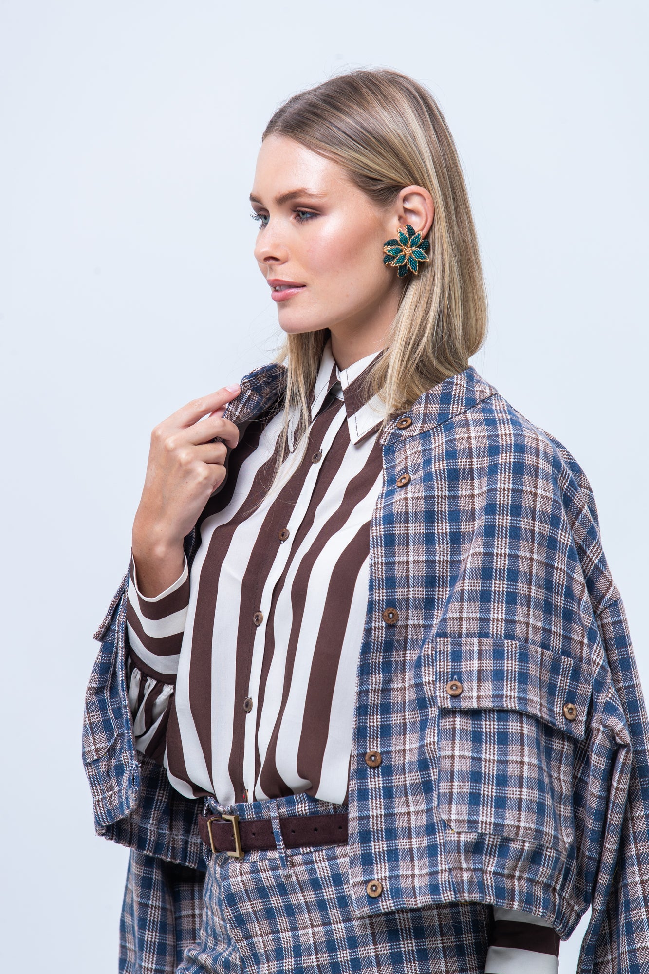 Cate Bomber Jacket - Chocolate and Blue Check