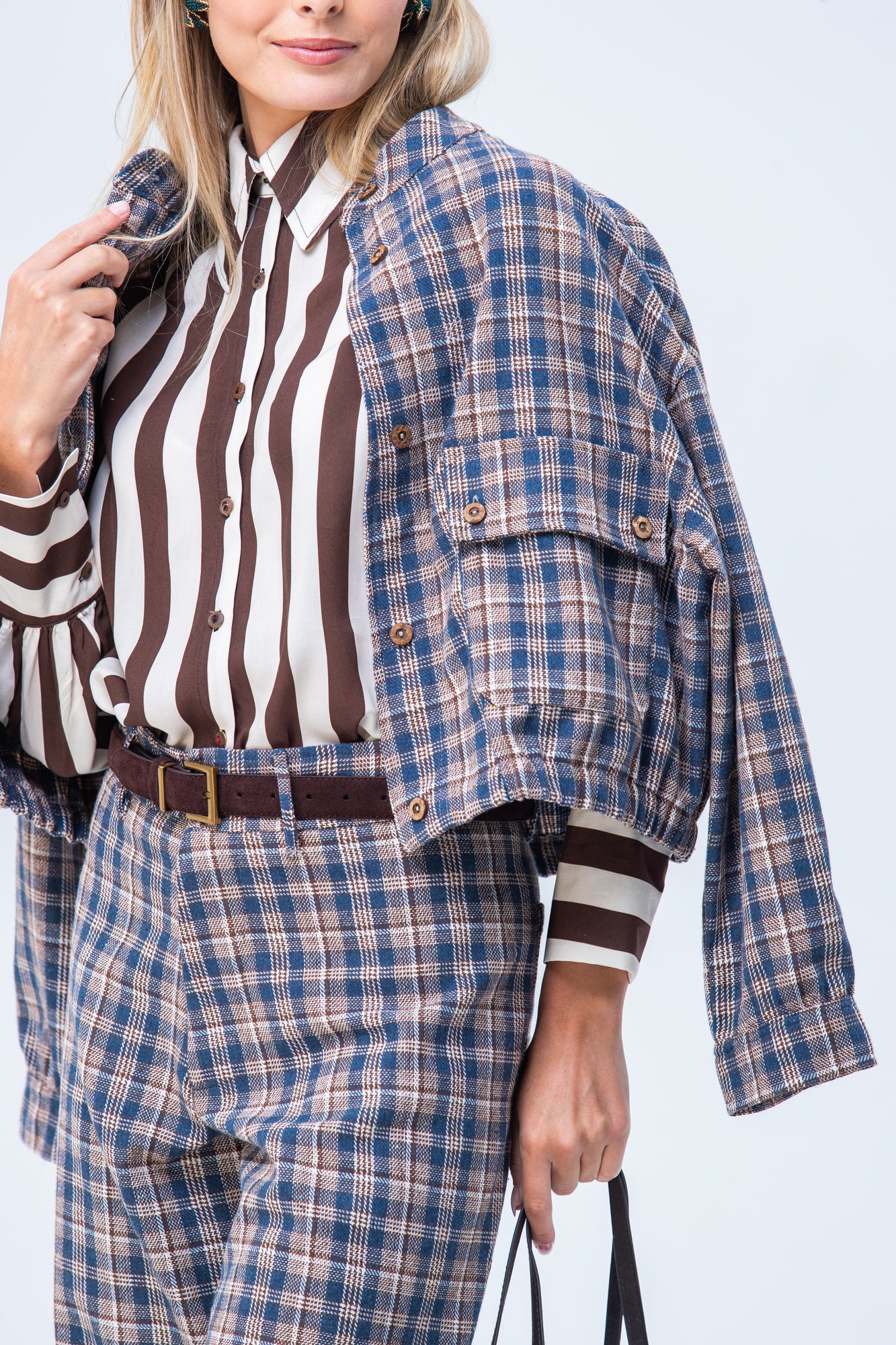 Cate Bomber Jacket - Chocolate and Blue Check