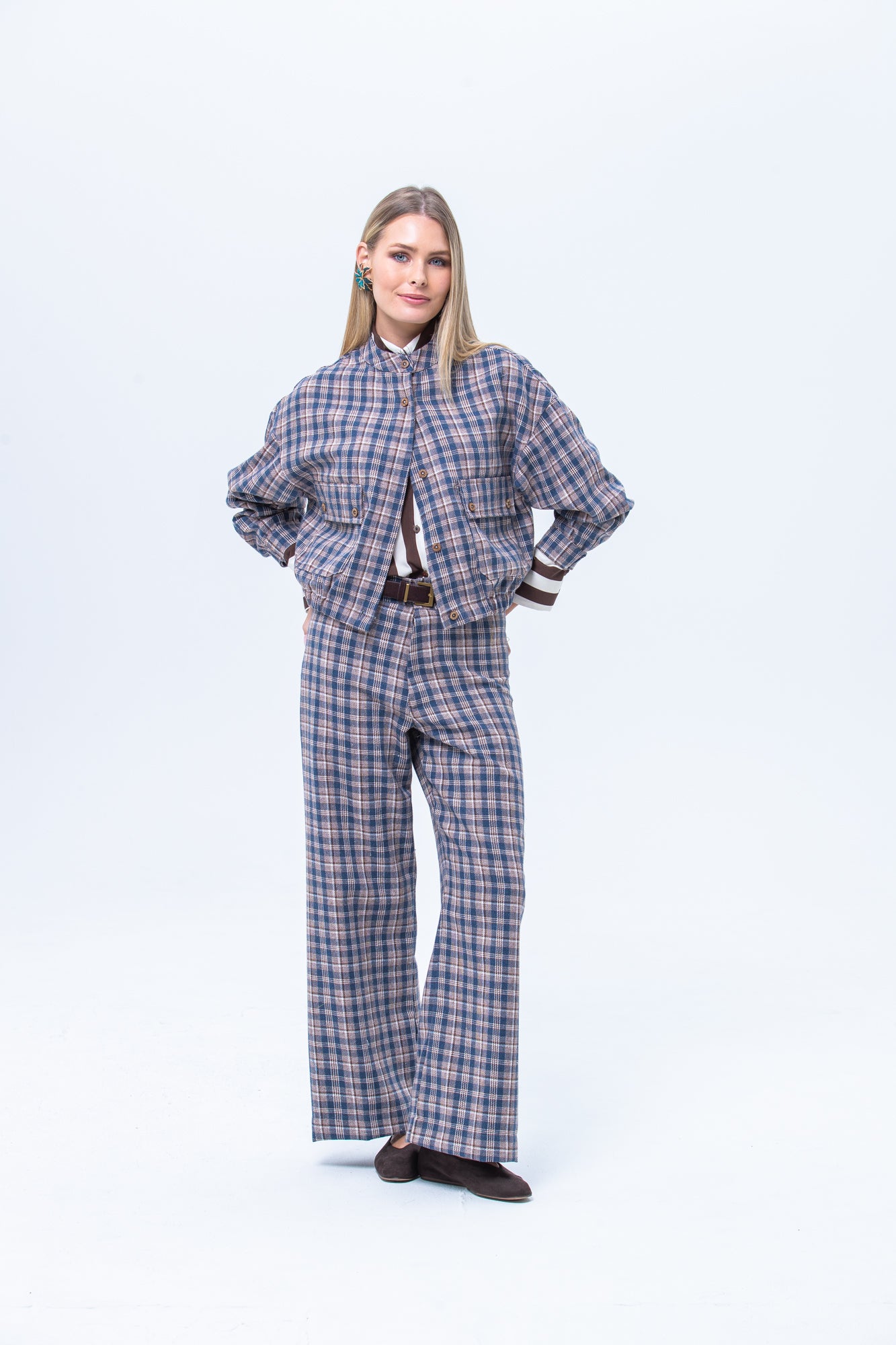 Cate Bomber Jacket - Chocolate and Blue Check
