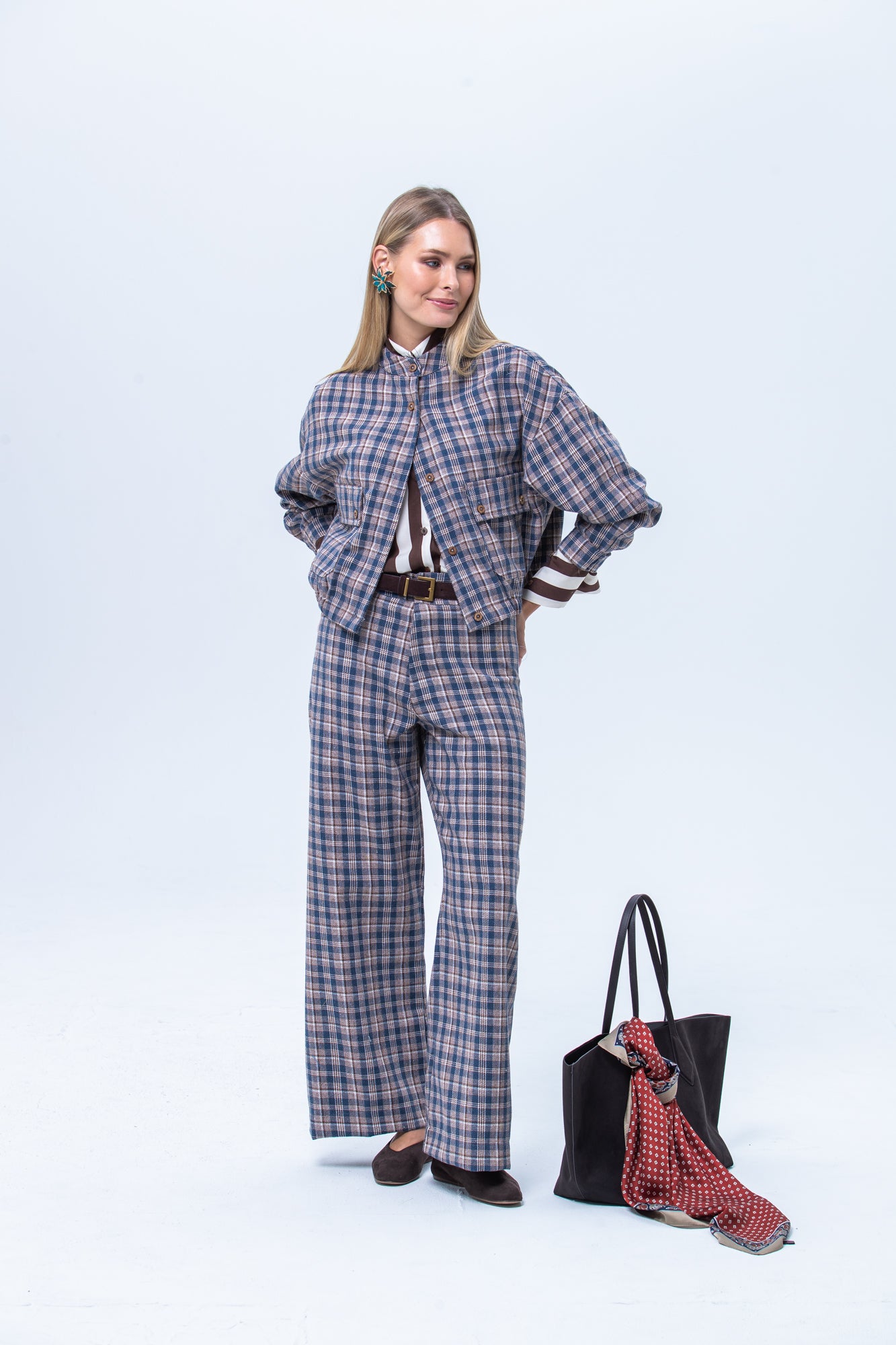 Cate Bomber Jacket - Chocolate and Blue Check