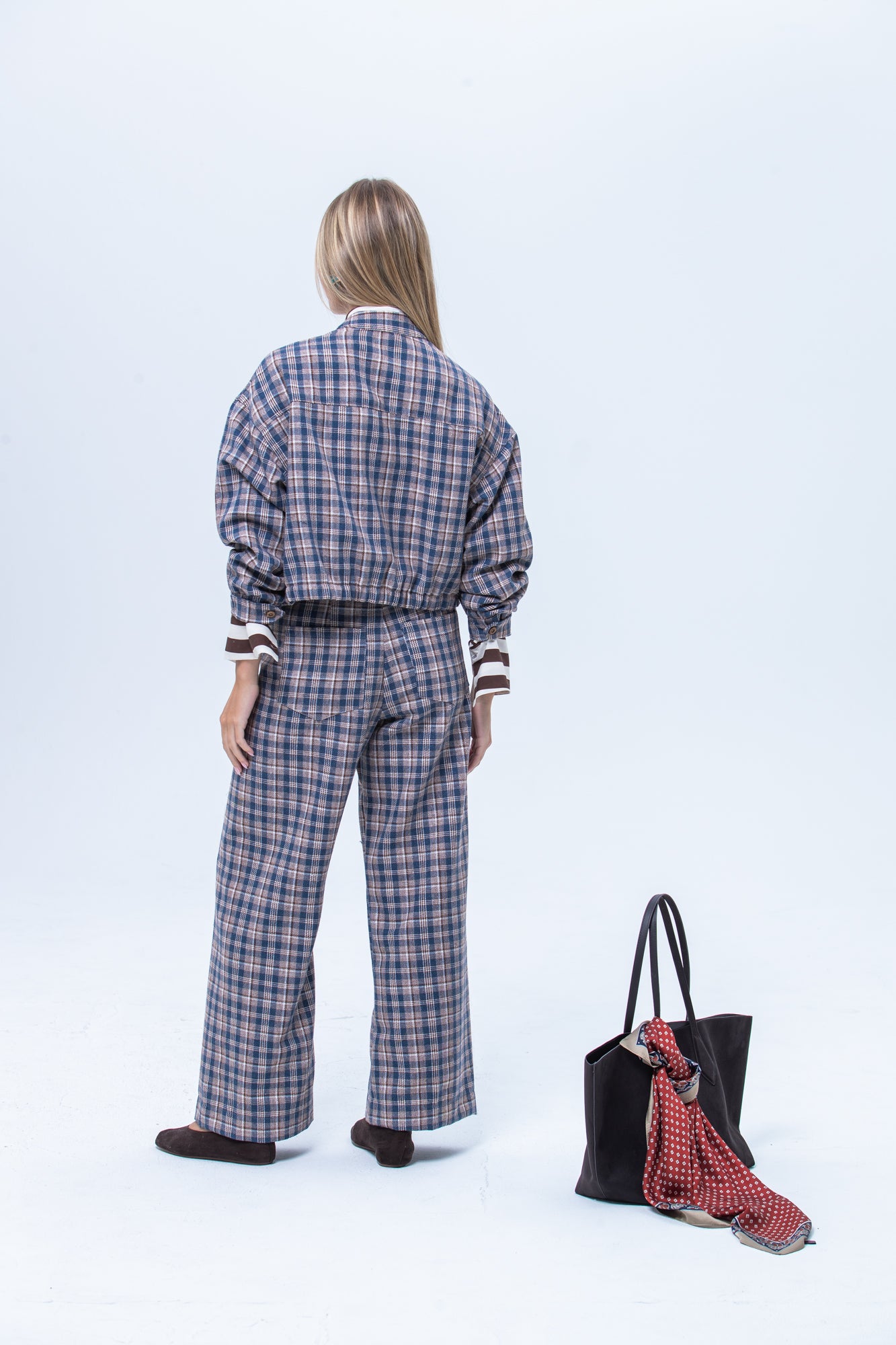Cate Bomber Jacket - Chocolate and Blue Check