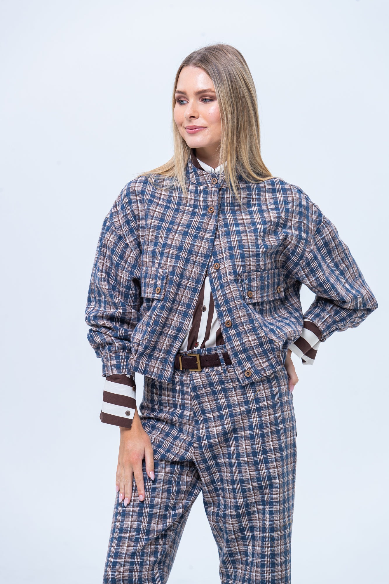 Cate Bomber Jacket - Chocolate and Blue Check