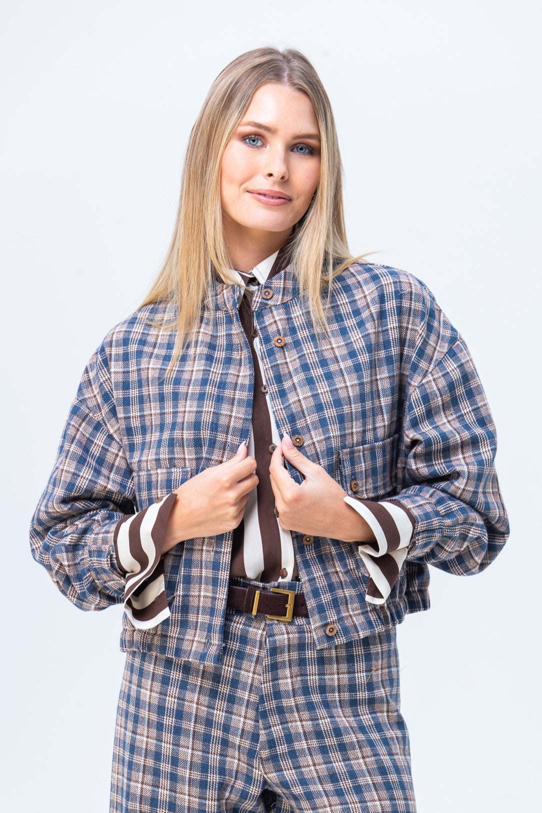 Cate Bomber Jacket - Chocolate and Blue Check