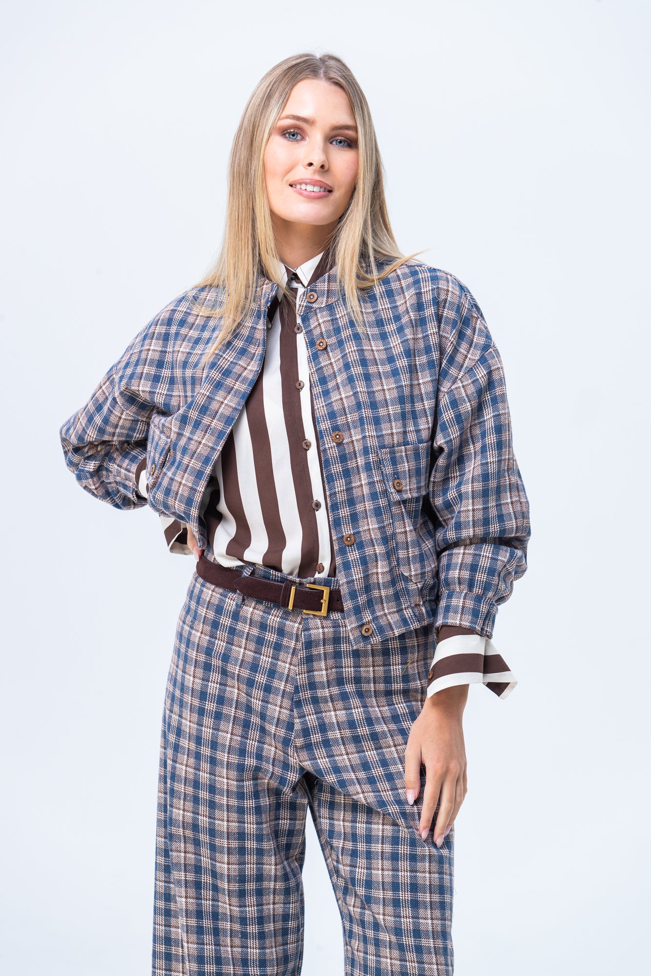 Cate Bomber Jacket - Chocolate and Blue Check