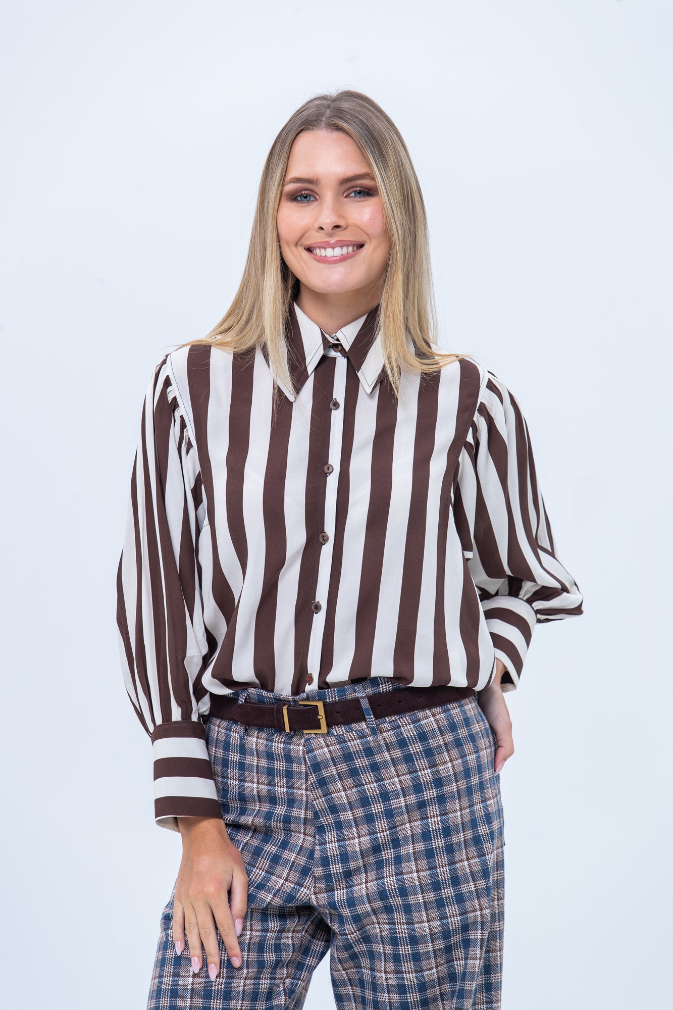 Harper Long Sleeve Shirt - Chocolate and Creme Stripe
