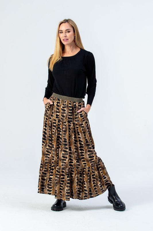 Marbella Tiered Skirt - Khaki & Black