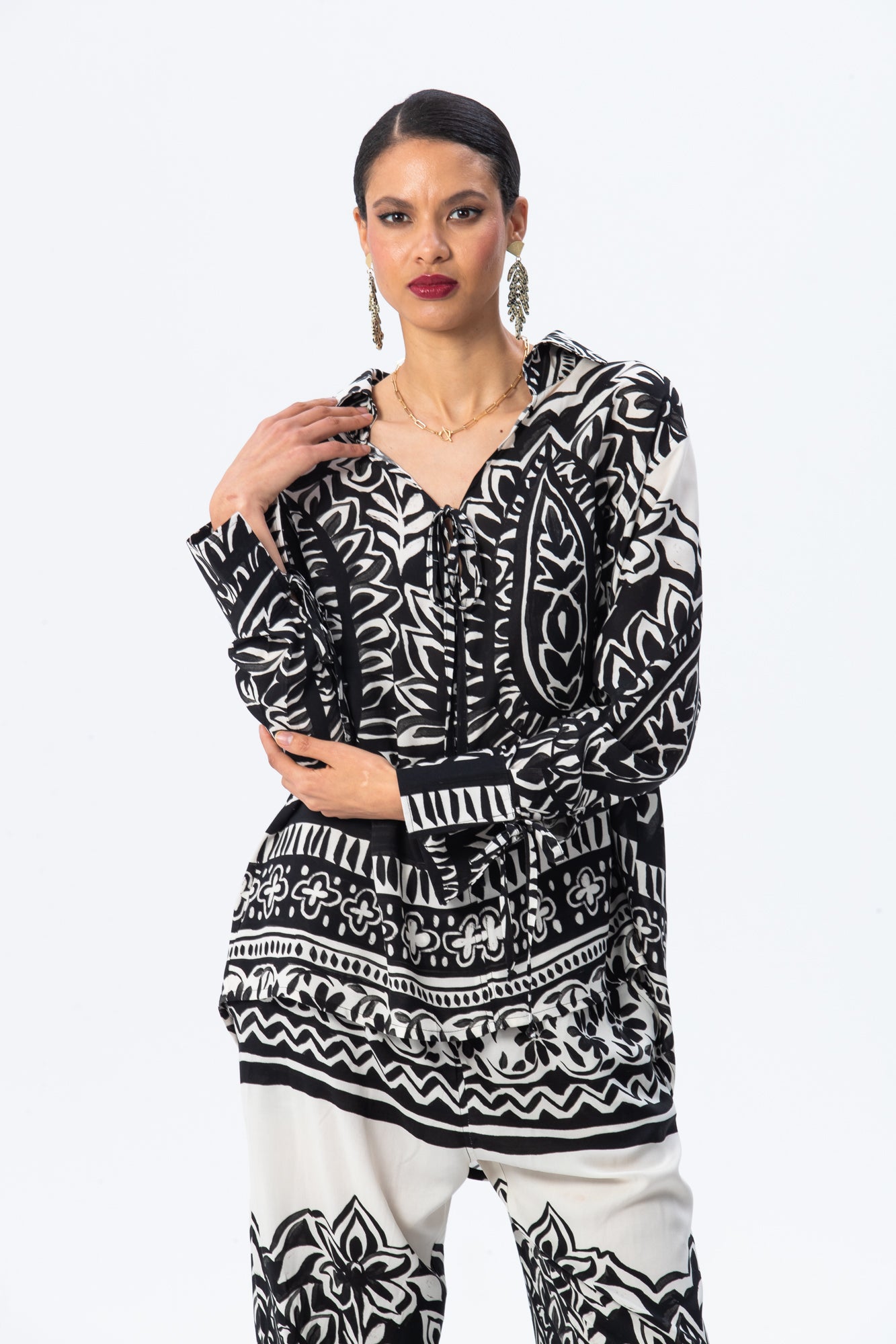 St. Tropez Kaftan shirt - Black and White Block Print