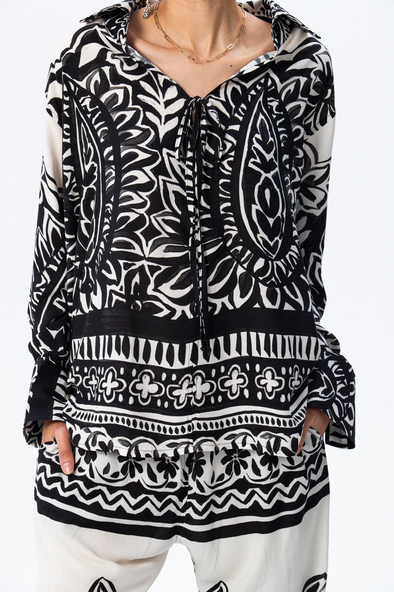 St. Tropez Kaftan shirt - Black and White Block Print