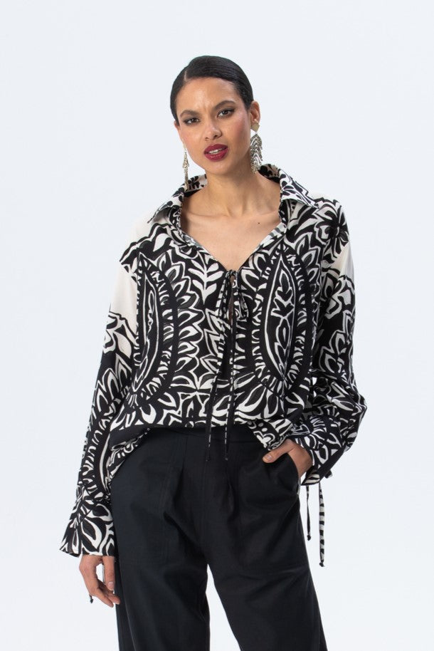 St. Tropez Kaftan shirt - Black and White Block Print