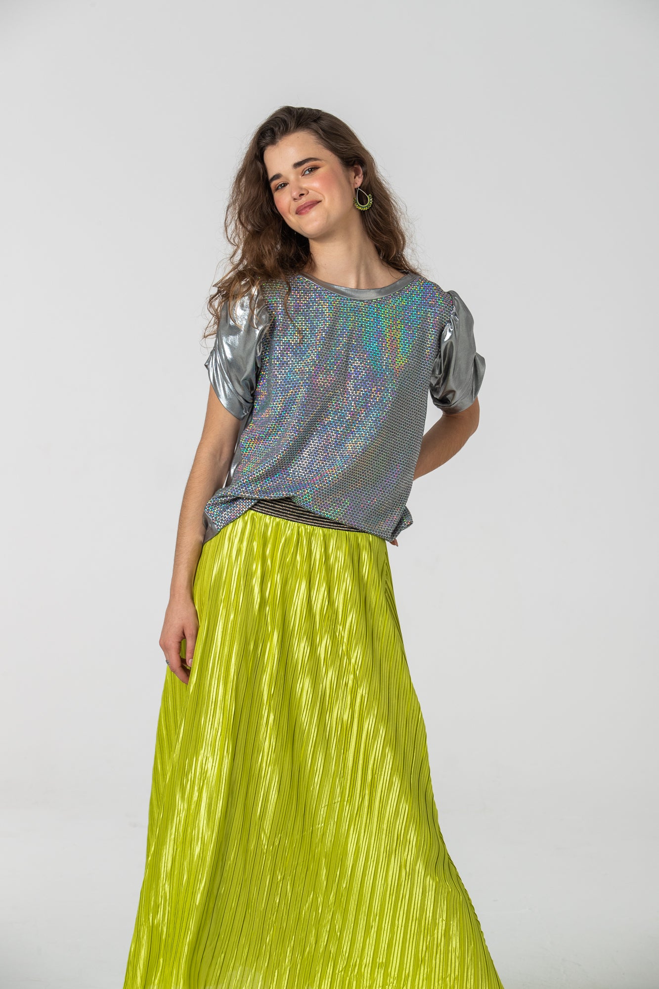 Paros Ruched Sleeve Tee - Silver & Sequins