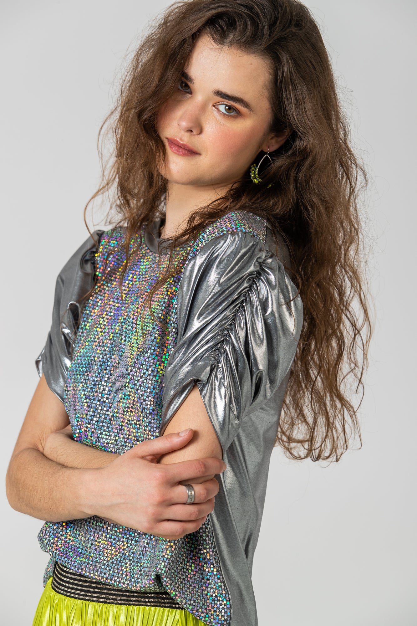 Paros Ruched Sleeve Tee - Silver & Sequins