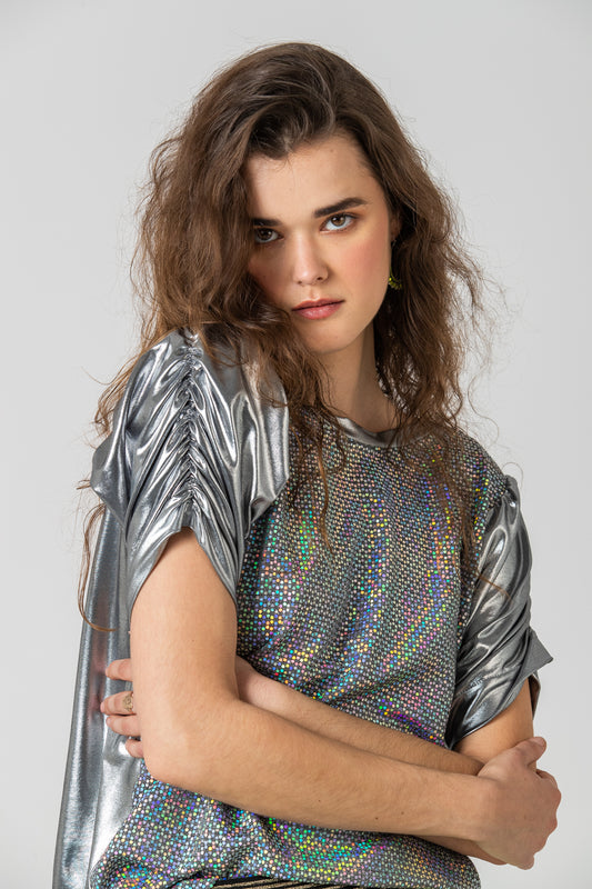 Paros Ruched Sleeve Tee - Silver & Sequins