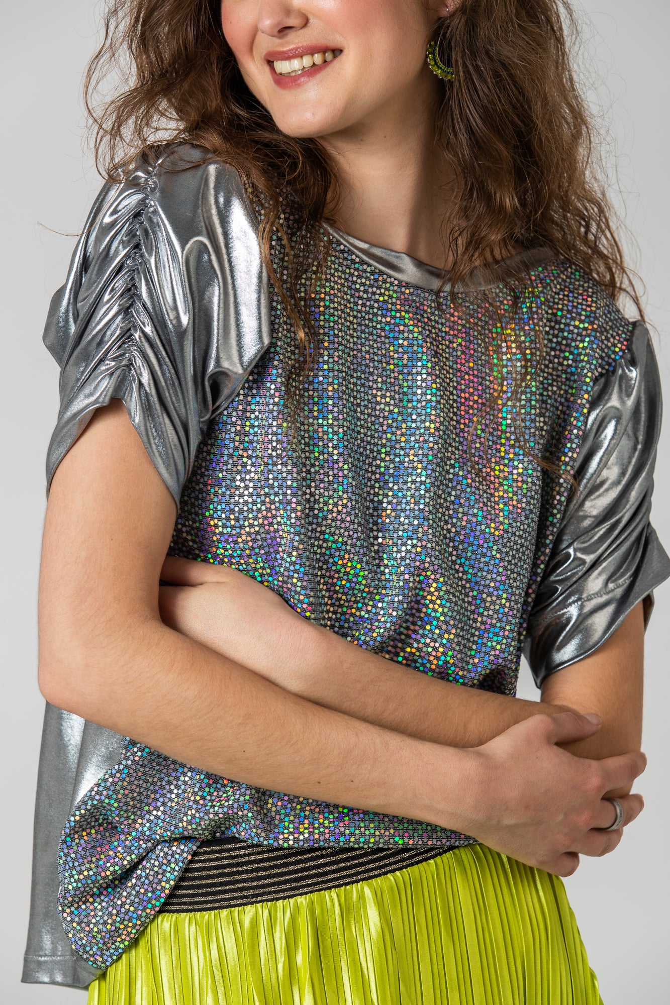 Paros Ruched Sleeve Tee - Silver & Sequins