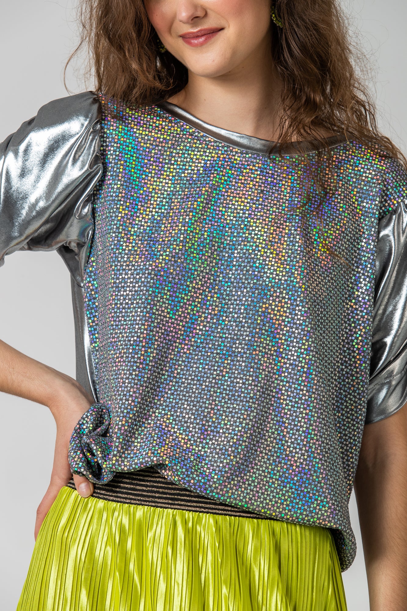 Paros Ruched Sleeve Tee - Silver & Sequins