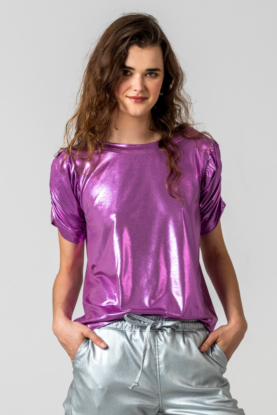 Paros Ruched Sleeve Tee - Metallic Lilac