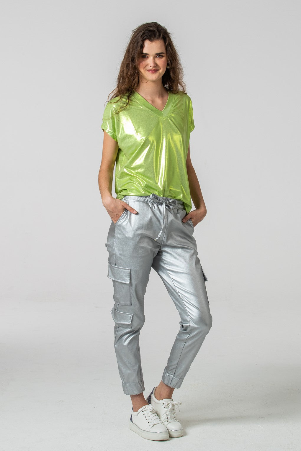 Corfu Summer V-Neck Tee - Metallic Wild Lime