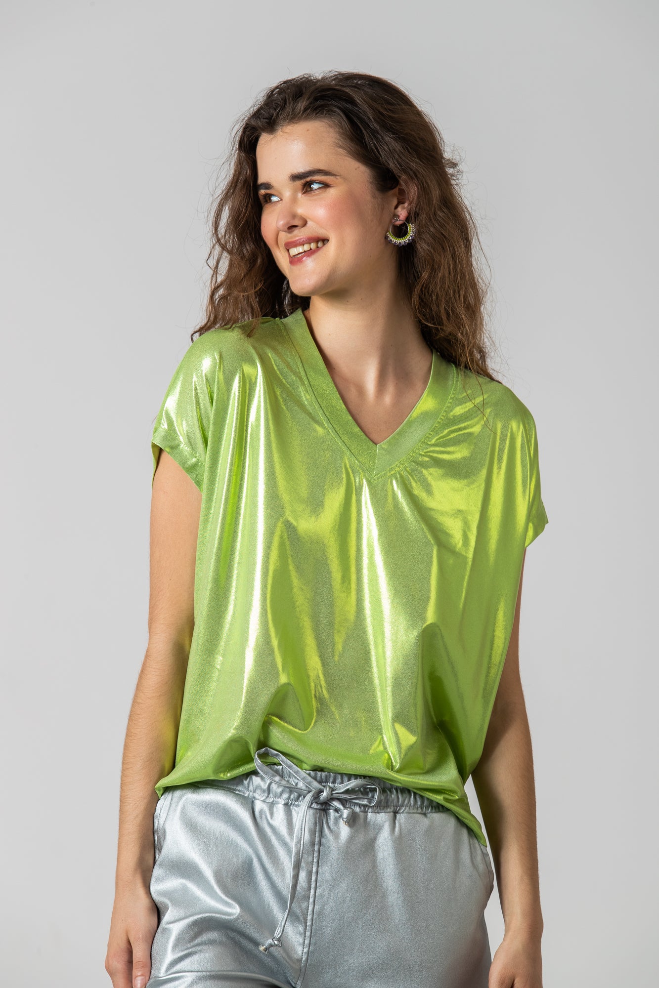 Corfu Summer V-Neck Tee - Metallic Wild Lime