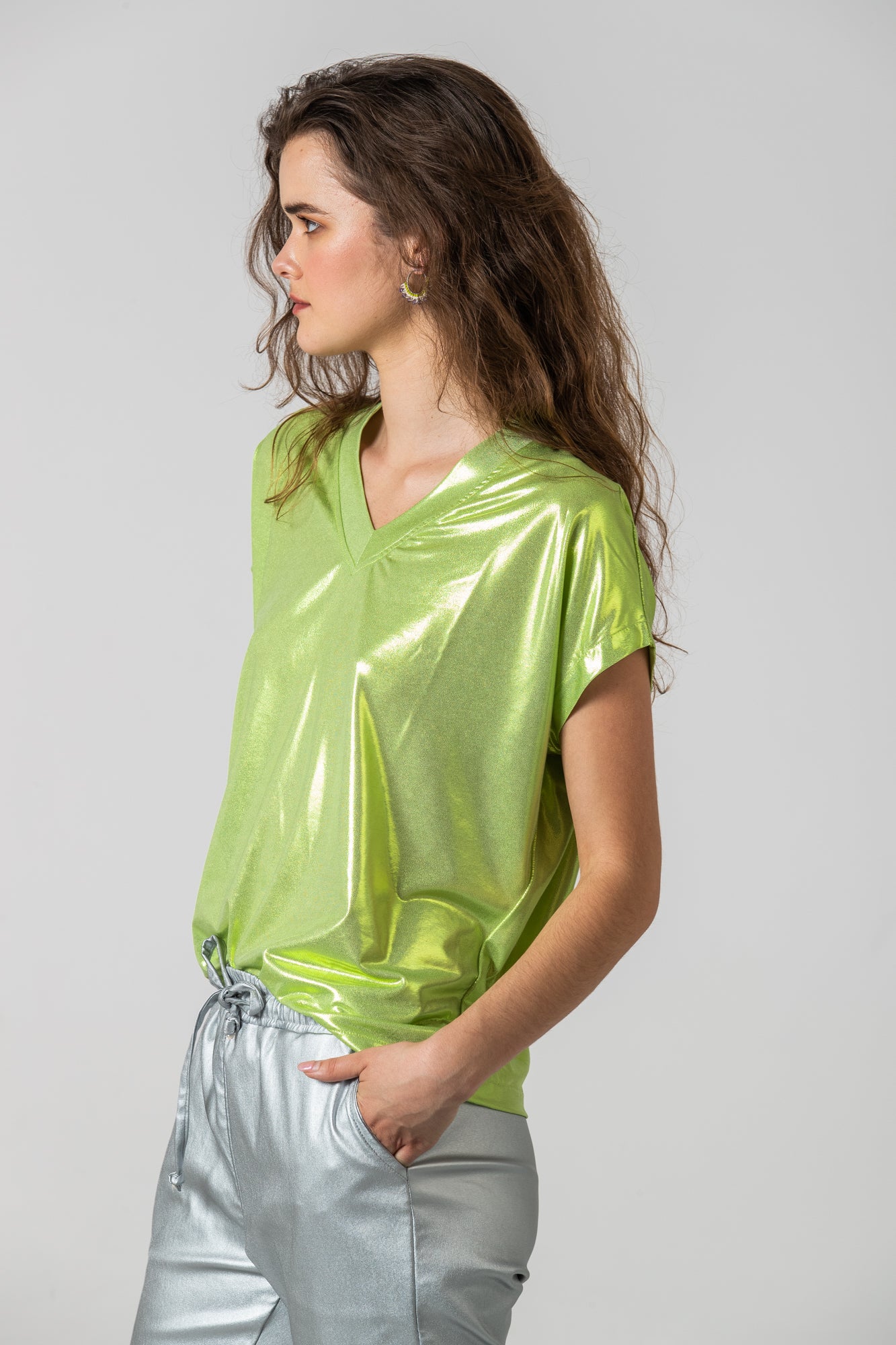 Corfu Summer V-Neck Tee - Metallic Wild Lime