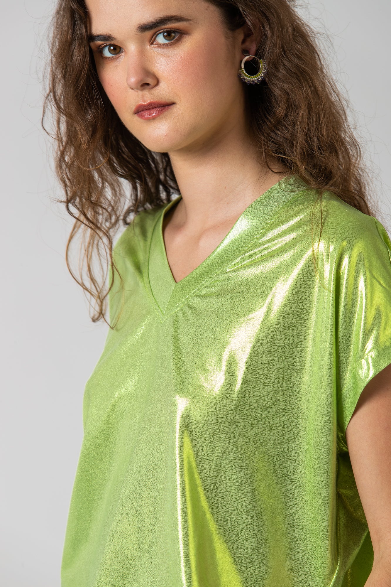 Corfu Summer V-Neck Tee - Metallic Wild Lime