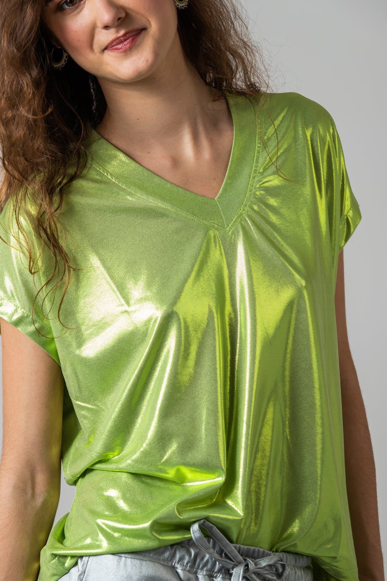 Corfu Summer V-Neck Tee - Metallic Wild Lime