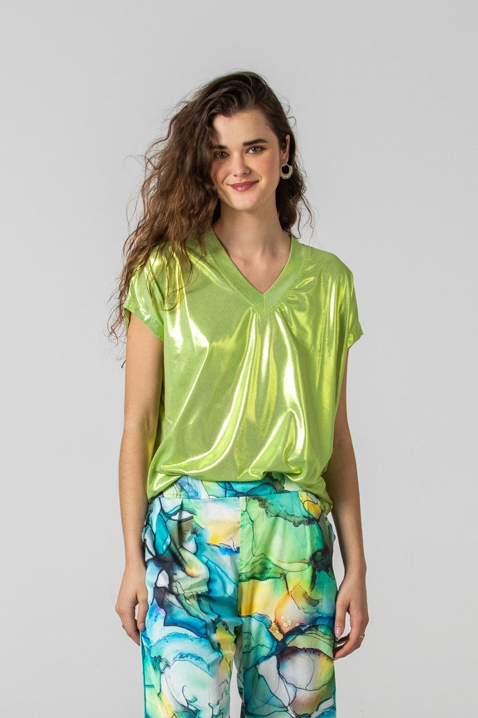 Corfu Summer V-Neck Tee - Metallic Wild Lime