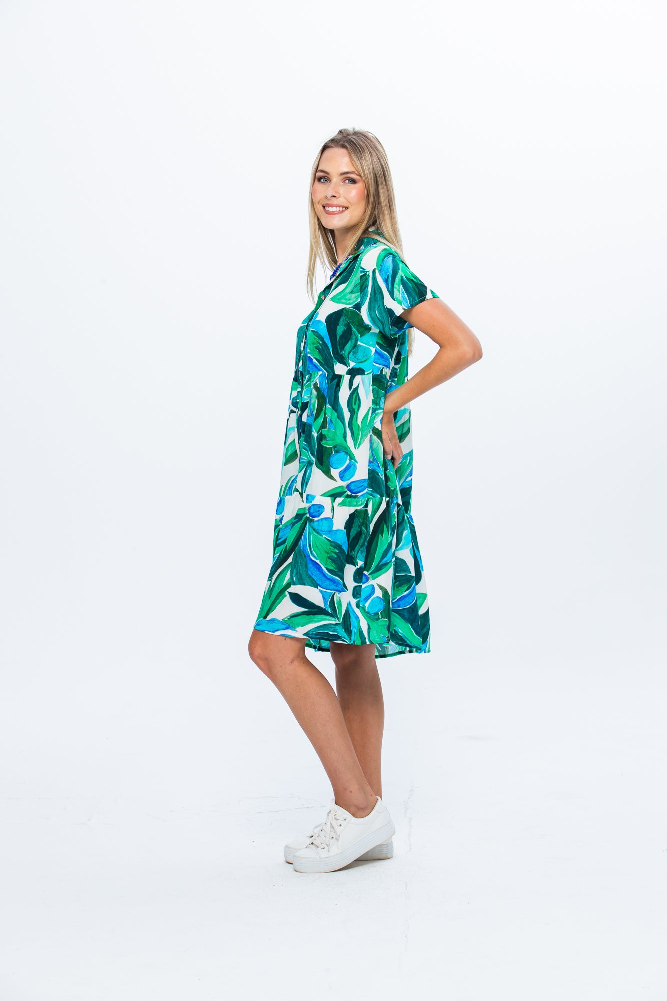 Athena Frill Dress - Green and White