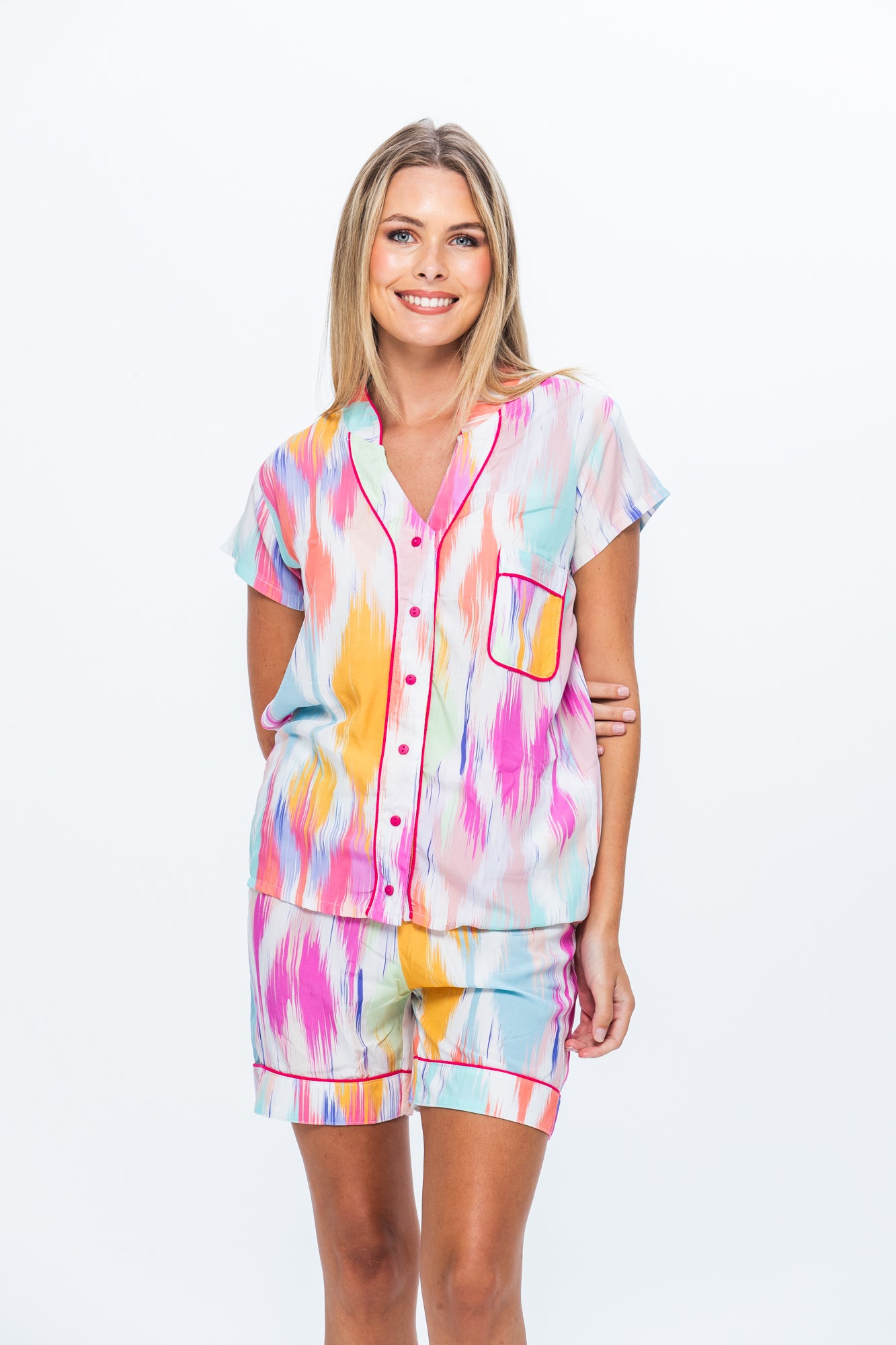 Short Mandarin Pyjama Set - Pink Splash