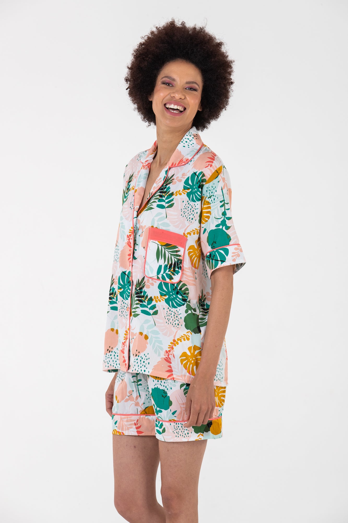 Short Pyjama set - Coral and Green