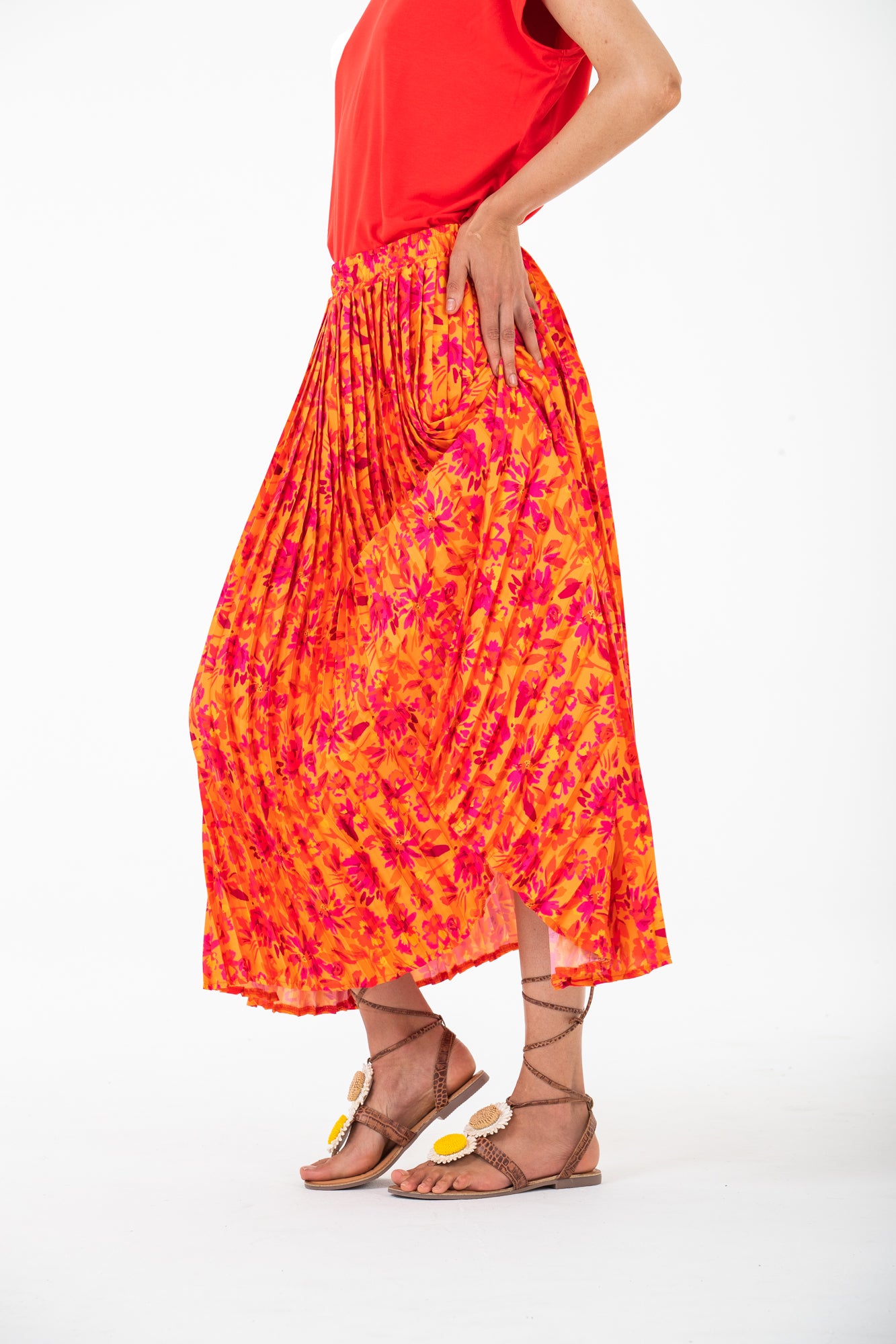 Stella pleated skirt - Orange and pink floral