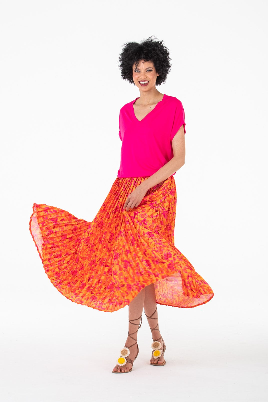 Stella pleated skirt - Orange and pink floral