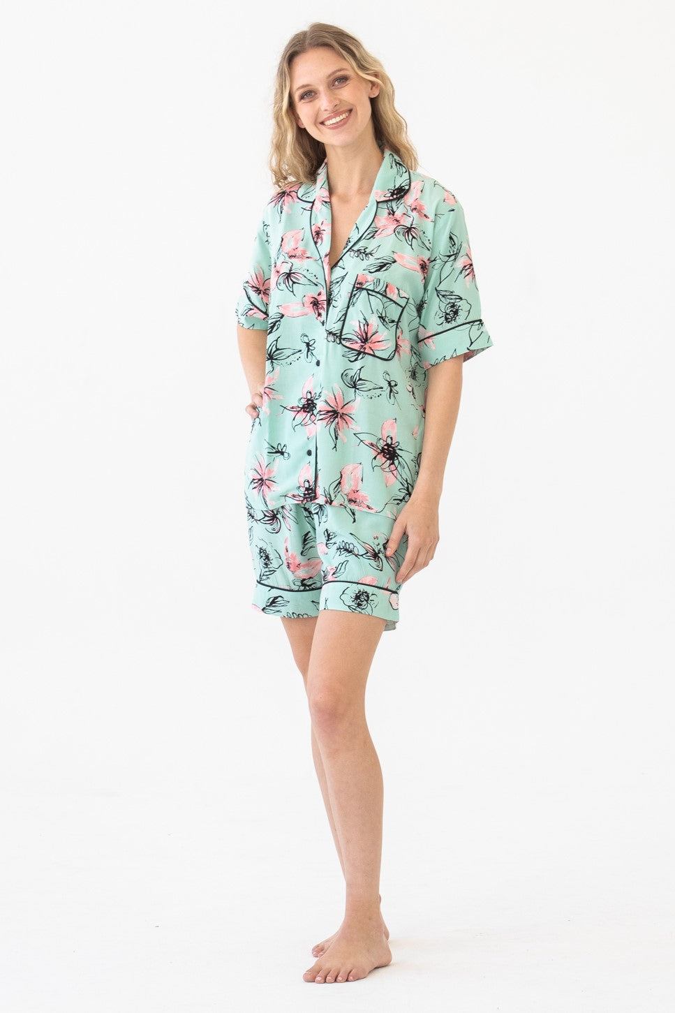 Short Pyjama set - Mint and Black Floral